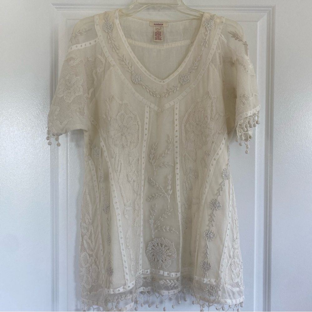 Sundance Top L Cream Lace Sheer Short-Sleeve Embroidered Pullover Blouse Lined